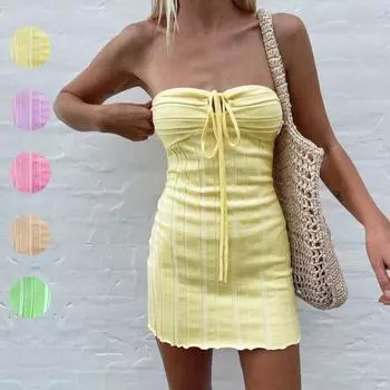 Сексуальное вязаное мини-платье с открытой спиной, женское платье без рукавов с открытыми плечами и ребристым трикотажем, облегающее пляжное платье, женское платье с бретелькой на шее и высокой талией, праздничное платье S жёлтый