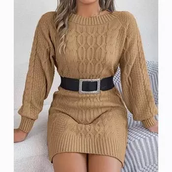 Сексуальное вязаное платье-свитер с витыми рукавами-фонариками, осенне-зимнее женское платье, элегантное однотонное трикотажное платье с круглым вырезом 29889 S серый