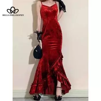 Сексуальное высококачественное бархатное вечернее платье во французском стиле с принтом на бретельках, элегантное облегающее длинное красное банкетное вечернее платье с разрезом на бедрах S красный