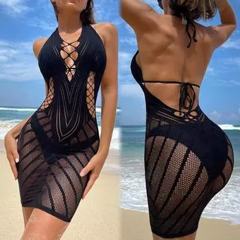 Сексуальное женское ажурное платье с открытой спиной и лямкой на шее, обтягивающее платье-карандаш, милое черное мини-платье, платье для ночного клуба, танцевальное платье Beatchwear XXS