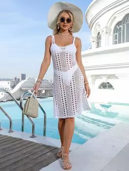 Сексуальное женское ажурное пляжное платье в стиле отпуска, пляжные накидки, удобная женская одежда S белый