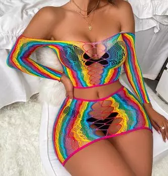 Сексуальное женское белье, комплект из 2 предметов, сетчатая одежда радужного цвета one size