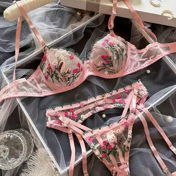 Сексуальное женское белье Красиво вышитое цветочное кружево Сексуальный комплект нижнего белья L розовый