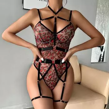 Сексуальное женское белье кружевное боди леопардовое нижнее белье открытая промежность тедди халтер прозрачное эротическое белье порно костюмы S