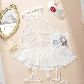 Сексуальное женское белье медсестра косплей большой размер кружевной прозрачный комбинезон юбка униформа комплект 1XL