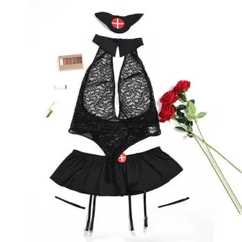 Сексуальное женское белье медсестра косплей большой размер кружевной прозрачный комбинезон юбка униформа комплект 1XL