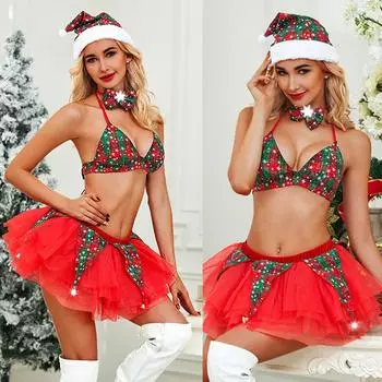 Сексуальное женское белье Решетка Мини-юбка Женщины Галстук-бабочка Перо Шляпа Пижамы Беспроводной бюстгальтер L