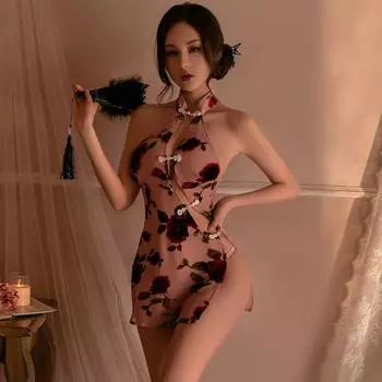 Сексуальное женское белье с принтом розы Cheongsam Косплей Игровые костюмы Китайский стиль Аниме Перспектива Очаровательный дизайн с открытой спиной Порно наряд One Size