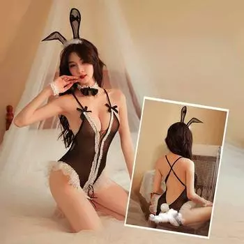 Сексуальное женское белье Сексуальные лямки кролика Открытые комбинезоны Маленькая грудь Чистое желание Перспектива Униформа Костюм Кошка One size