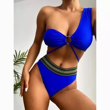 Сексуальное женское бикини на одно плечо, купальник с высокой талией, комплект бикини с лентой, бразильский купальник-бикини, купальные костюмы, пляжная одежда, купальщица S синий