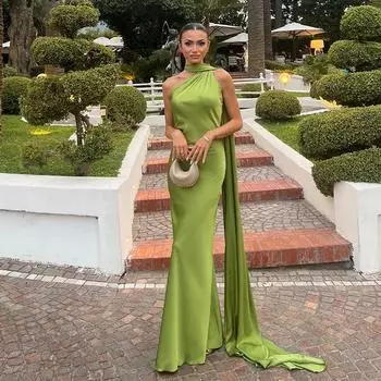 Сексуальное женское длинное платье с открытой спиной и бретельками через шею с высокой талией, без рукавов, облегающее вечернее платье, вечернее платье S зелёный