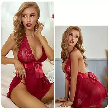 Сексуальное женское кружевное нижнее белье Babydoll ночная рубашка прозрачная пижама с открытой спиной эротическое ночное белье мини-платье S красный