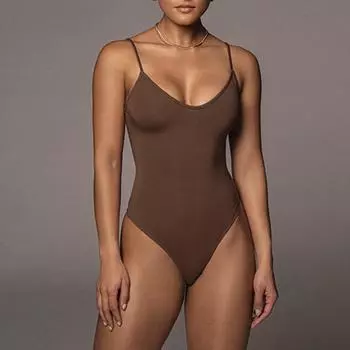 Сексуальное женское летнее боди с v-образным вырезом и открытой спиной на подтяжках с плотным дном S чёрный