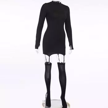 Сексуальное женское мини-облегающее платье с длинными рукавами и пряжкой на подтяжках и чулками L чёрный