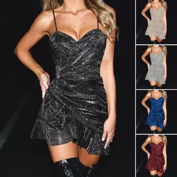 Сексуальное женское мини-платье без рукавов на бретельках-бандо с талией и высокой талией, платье с рюшами и подолом, блестящее тканевое платье на подтяжках для ночного клуба 2XL чёрный