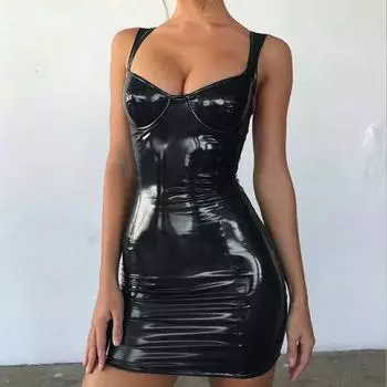 Сексуальное женское мини-платье из искусственной кожи, нарядная клубная одежда, одежда для сна S