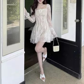 Сексуальное женское мини-платье с длинными рукавами, модный кружевной летний сарафан с принтом, однотонный цвет L