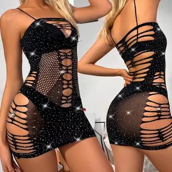 Сексуальное женское нижнее белье без рукавов прозрачное со стразами ажурное сетчатое пижамы платье порно сорочки нижнее белье эротические костюмы S