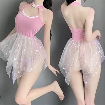 Сексуальное женское нижнее белье чистое желание сладкая игривая бабочка блестками принцесса платье униформа без брать пижамный комплект One Size (80-60kg)