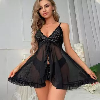Сексуальное женское нижнее белье из кружевной сетки на День святого Валентина, женское ажурное ночное платье, пижамы со стрингами M чёрный