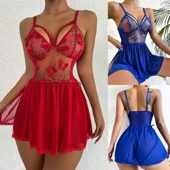 Сексуальное женское нижнее белье, кружевное сетчатое платье с вышивкой, перспективное платье на бретельках, искушение, нижнее белье, одежда для сна, ночная рубашка L синий