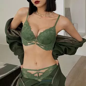 Сексуальное женское нижнее белье, кружевной бюстгальтер и трусики с вышивкой, комплект с глубоким V-образным вырезом и чашкой BC, бюстгальтер пуш-ап, зеленый комплект нижнего белья 75B чёрный