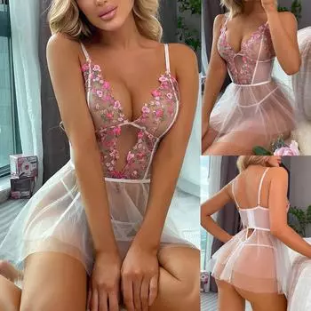 Сексуальное женское нижнее белье с вышивкой и v-образным вырезом, майки, платье, сетчатое искушение, нижнее белье Babydoll, одежда для сна, ночная рубашка L белый