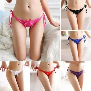 Сексуальное женское нижнее белье с завязками сбоку, трусики-стринги с бантом, кружевные стринги для медового месяца