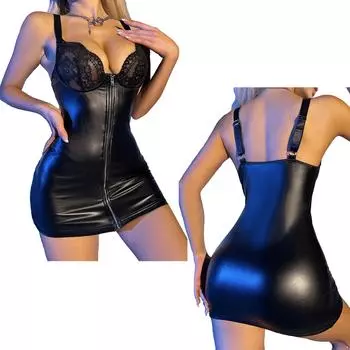 Сексуальное женское облегающее мини-клубное платье из искусственной кожи с застежкой-молнией спереди и открытой спиной S