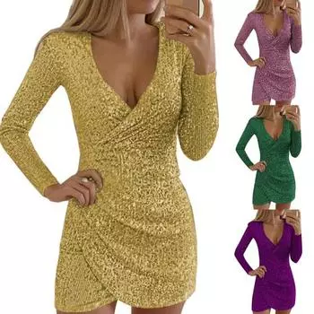 Сексуальное женское облегающее мини-платье с v-образным вырезом и блестящими блестками, нерегулярный подол XL серебряный