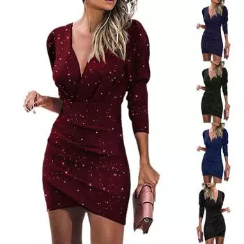 Сексуальное женское облегающее платье с глубоким V-образным вырезом и длинными рукавами в стиле звездного неба XL темно-зеленого