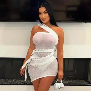 Сексуальное женское облегающее платье с металлической пряжкой, косой ремень на плече, мини-прозрачное платье для вечеринки, ночного клуба, женское перспективное платье для выпускного вечера, новинка 2000 года S чёрный