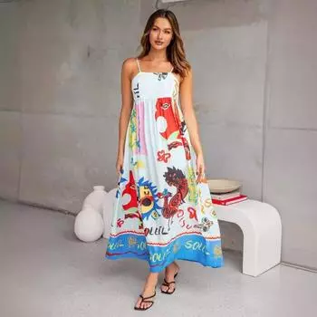 Сексуальное женское платье без рукавов с бретельками и принтом на шее S синий