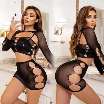 Сексуальное женское платье для вечеринки в клубе с открытой спиной и бретельками, облегающее, с длинным рукавом, с круглым вырезом, повседневное, с открытыми плечами, комплект нижнего белья XXS