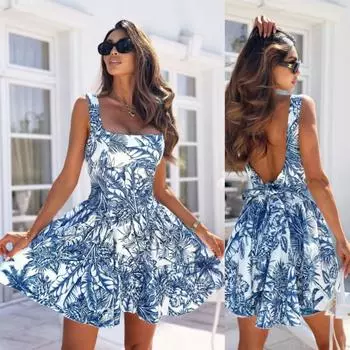 Сексуальное женское платье-халтер с цветочным принтом, зауженной талией и стройнящим внешним видом S синий