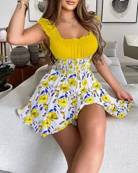 Сексуальное женское платье, летнее повседневное мини-платье с квадратным воротником, женское элегантное лоскутное платье трапециевидной формы с цветочным принтом для вечеринки в стиле бохо XXXL