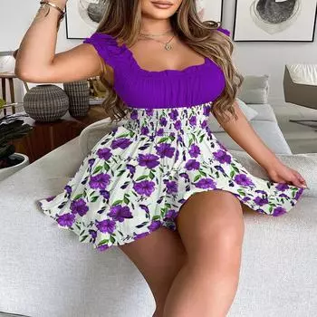 Сексуальное женское платье, летнее повседневное мини-платье с квадратным воротником, женское элегантное лоскутное платье трапециевидной формы с цветочным принтом для вечеринки в стиле бохо S жёлтый