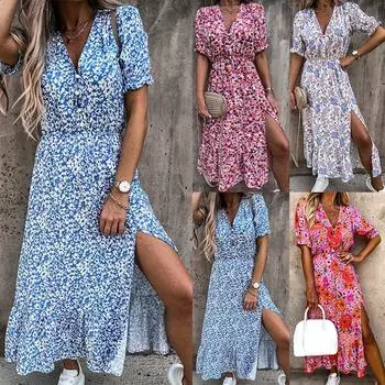Сексуальное женское платье миди с v-образным вырезом и цветочным принтом, женское летнее повседневное вечернее платье с коротким рукавом S красный