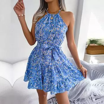 Сексуальное женское платье на весну и лето с цветочным принтом и бретелькой на шее, женское платье без рукавов на шнуровке с оборками, короткое платье трапециевидной формы S светло-фиолетовый