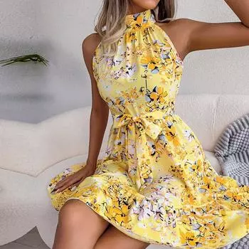 Сексуальное женское платье с цветочным принтом и бретелькой на шее, весна-лето, без рукавов, на шнуровке, с рюшами, короткое платье трапециевидной формы S синий