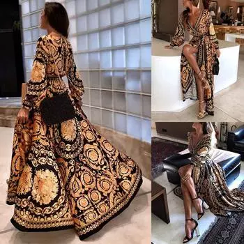 Сексуальное женское платье с длинным рукавом и глубоким V-образным вырезом, коктейльное платье для выпускного вечера с принтом L жёлтый