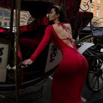 Сексуальное женское платье с открытой спиной, шнуровкой, халтер-воротником, облегающее, длинное, с сумкой, в стиле хип-хоп S красный