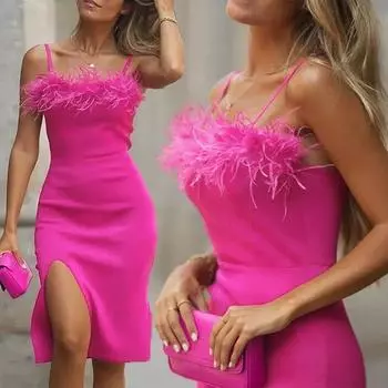 Сексуальное женское платье с перьями, клубное вечернее платье с разрезом сбоку, тонкие короткие женские платья-комбинации, однотонное женское платье с открытой спиной S розы красного