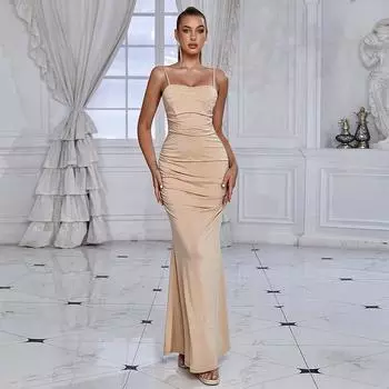 Сексуальное женское платье в пикантном женском стиле с серебряной сеткой, вечернее длинное платье на бретельках XS абрикосовый