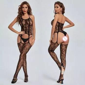 Сексуальное женское прозрачное кружевное боди с лямкой на шее без рукавов, чулки с подвязками, комбинезон с открытой промежностью, цельное боди