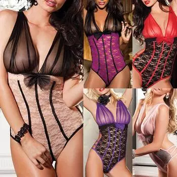 Сексуальное женское прозрачное кружевное сексуальное веселое боди с бантом и открытой спиной, эротическое нижнее белье XXL