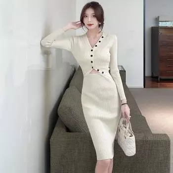 Сексуальное женское трикотажное платье-свитер с V-образным вырезом и запахом на бедрах, женское модное облегающее повседневное платье с длинным рукавом, женское элегантное повседневное платье-пуловер, одежда 2738 One Size слоновая кость