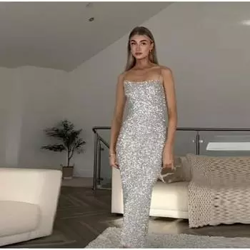 Сексуальное женское вечернее платье-слинг с пайетками, элегантное платье без рукавов с открытой спиной и бедрами, модное вечернее платье для клуба S серебряный