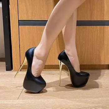 Сексуальные 16 см металлические тонкие высокие каблуки для женщин туфли-лодочки с круглым носком на платформе туфли для танцев на пилоне Zapatos 34 чёрный