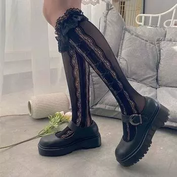 Сексуальные эластичные полые японские носки принцессы средней длины, женские чулочно-носочные изделия, сетчатые чулки в стиле Лолиты 28cm чёрный